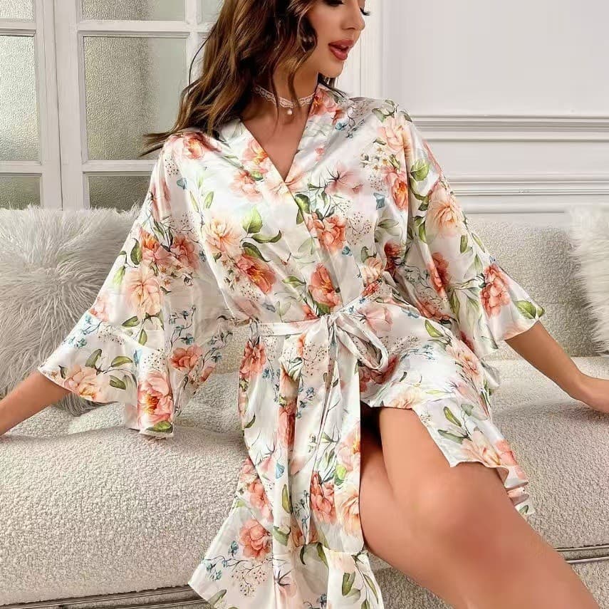 Cross-border AliExpress Amazon New European/American Women Floral Print Homewear Sleep Robe