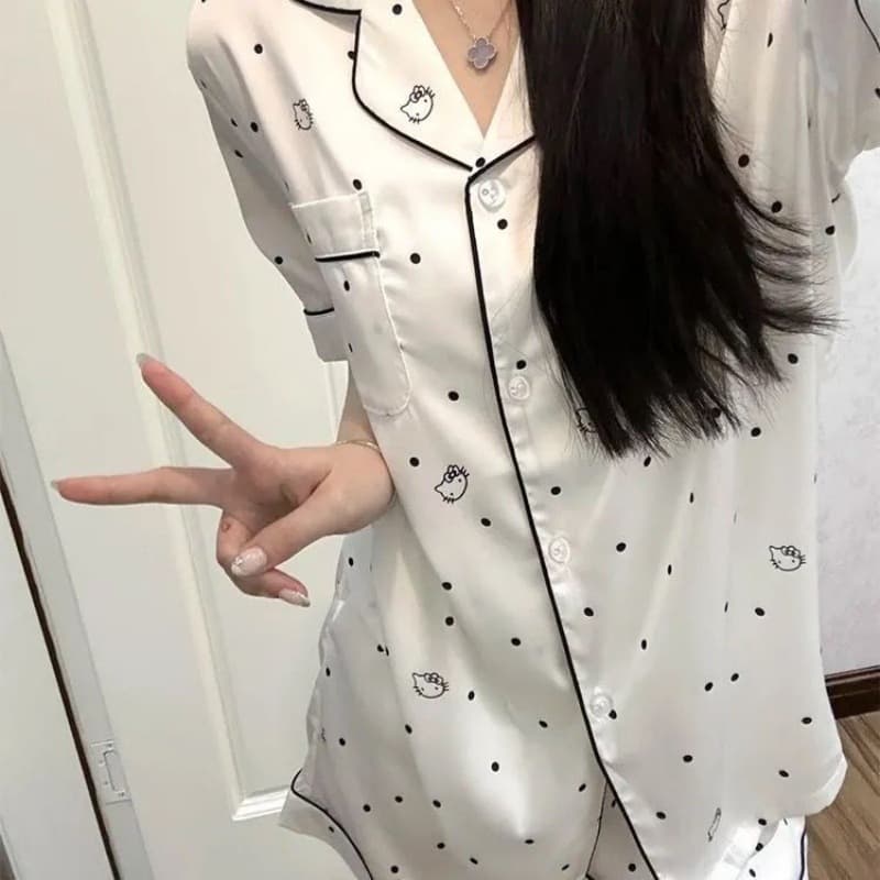 New Premium Summer Ice Silk Pajama Set for Women Short Sleeve Shorts Set Notched Collar Silk-like Sleepwear