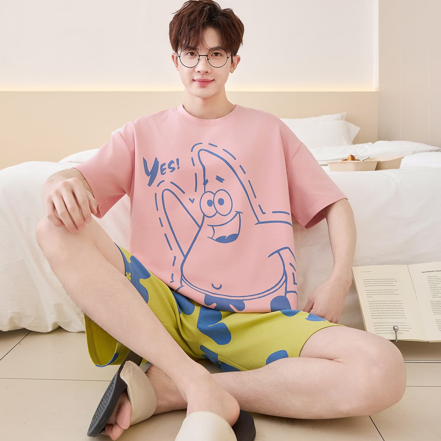 Men's Summer Pure Cotton Short Sleeve Cartoon Pi Star Pajamas, Thin Style, Extra-Large Loungewear Set for Teenagers and Students