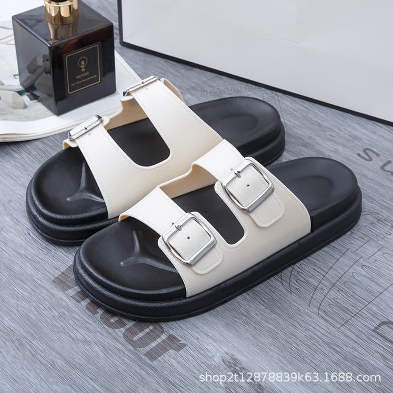2025 New Style Belt Buckle Fashion Casual Sandals Thick-Soled Easy-To-Match Flat Slippers One-Line Sandals for Women to Wear Outside in Summer