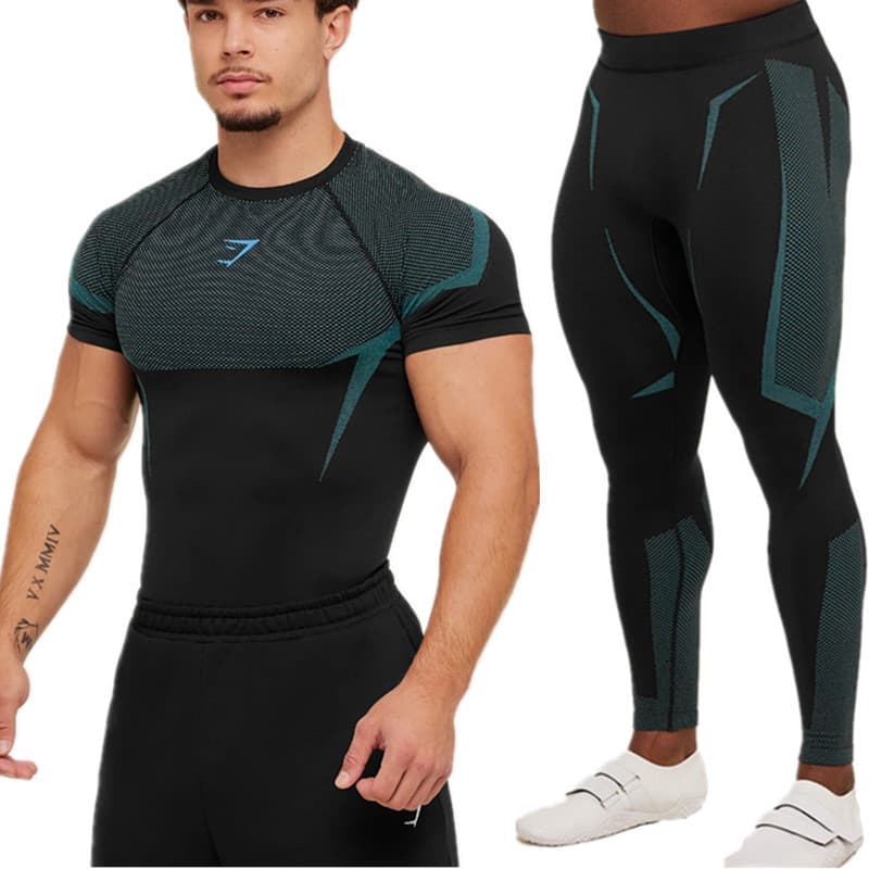 GYM Cross-Border New Outdoor Compression Shirt Quick-Dry Sports Fitness Set Casual Running Printed Men's Two-Piece Set