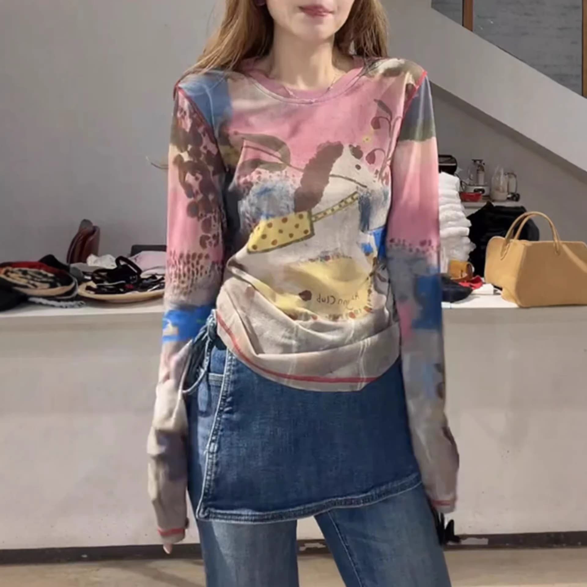 High-End Gradient Printed Mesh Long-Sleeve T-Shirt for Women, Summer 2026 New Style, Sun-Protective Cover-Up Top, Base Layer Shirt