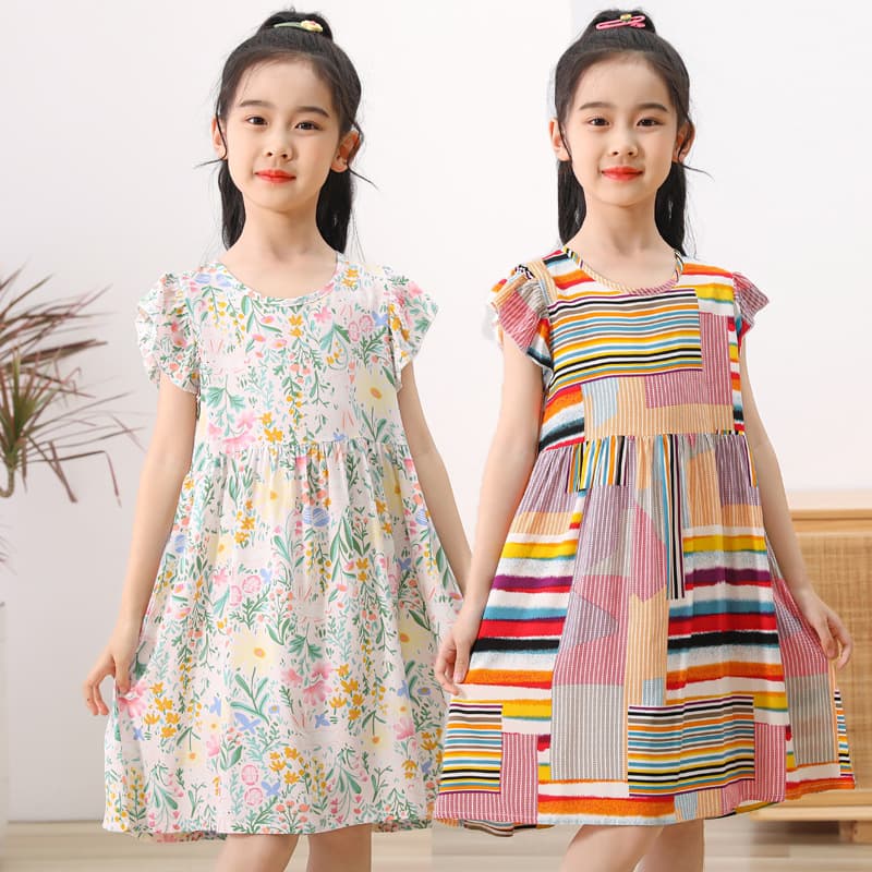 Girls Summer Cotton Silk Floral Print Dress Short Sleeve Princess Dress for Baby