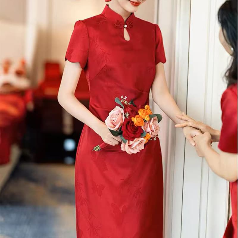 Qing Shuzhai 2025 Summer New Bride Red Cheongsam Toast Wear New Chinese Style Improved Engagement Dress Dress for Women