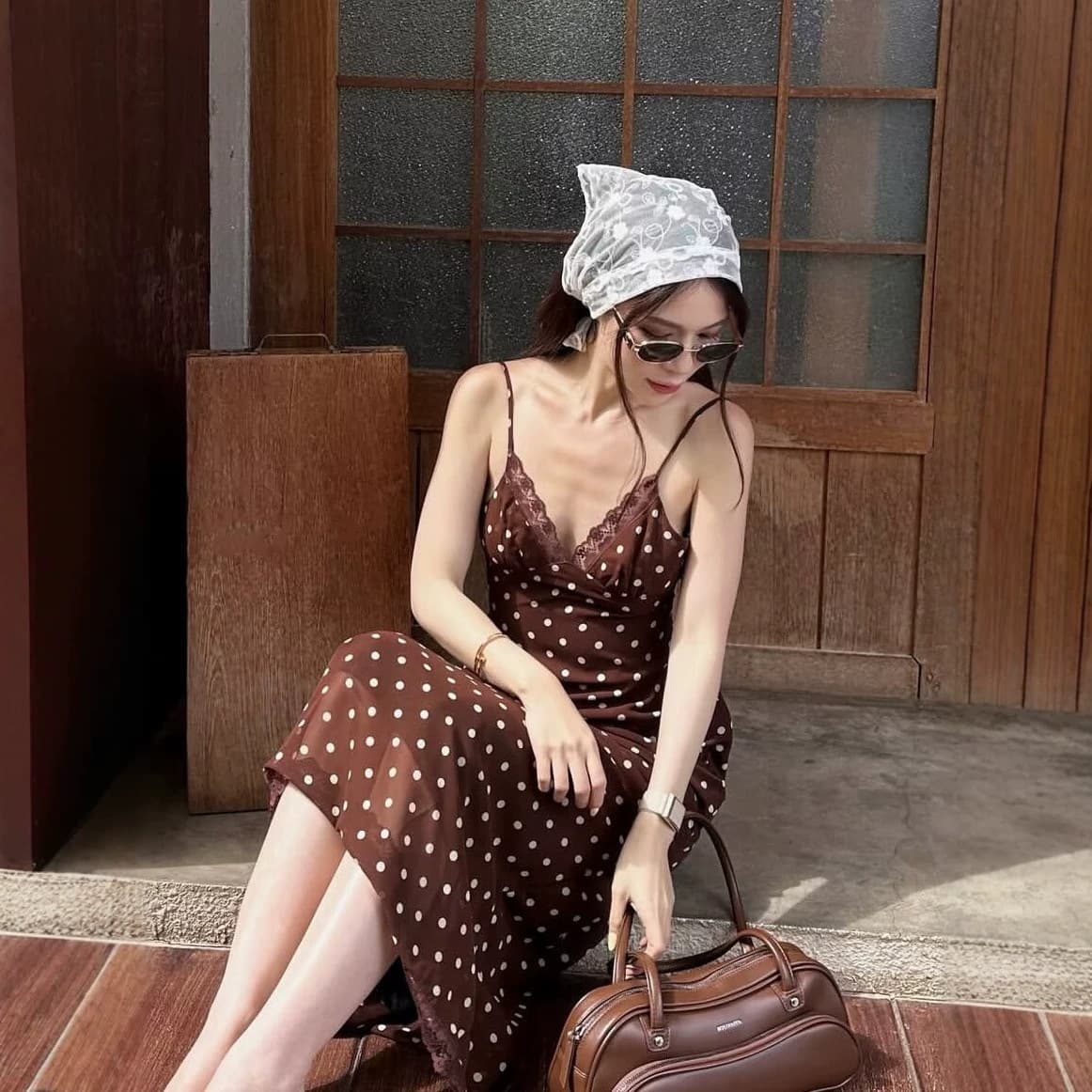 Pure and Sexy V-Neck Lace Sleeveless Halter Polka Dot Backless Dress for Women Summer Chic Trendy Floral Hem Maxi Dress