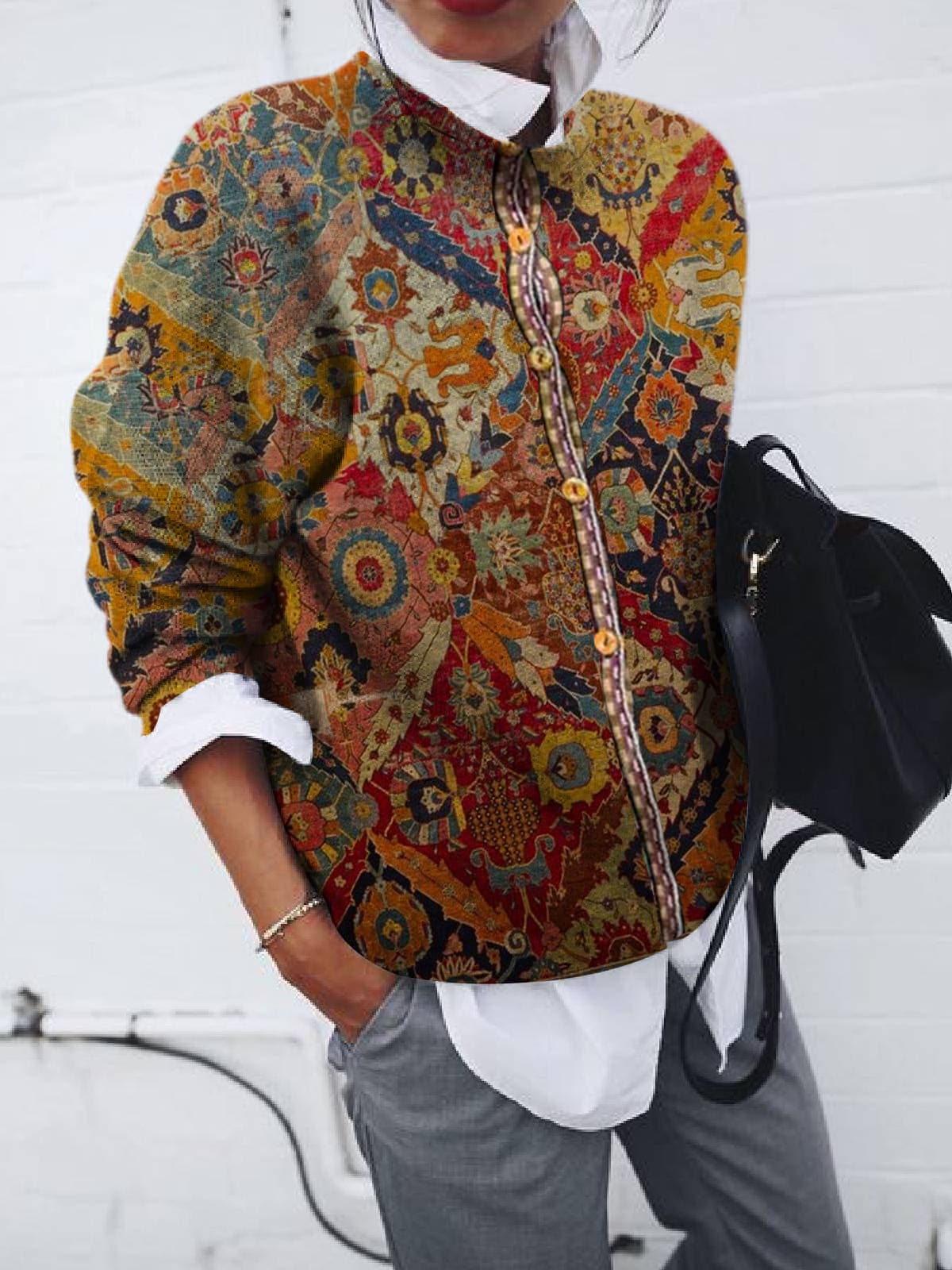 9265# European and American cross-border Amazon Wish foreign trade women's fashion brushed geometric print cardigan long-sleeved top
