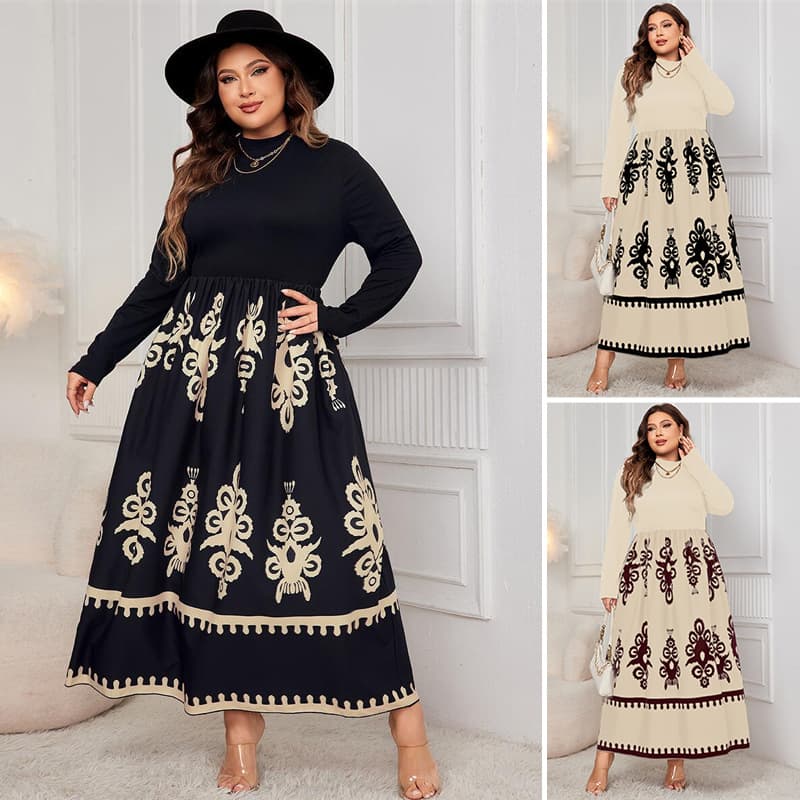 High Waist Black Floral Print Long Sleeve Dress plus Size Elegant Commute Style Polyester Fiber Long Dress for Women