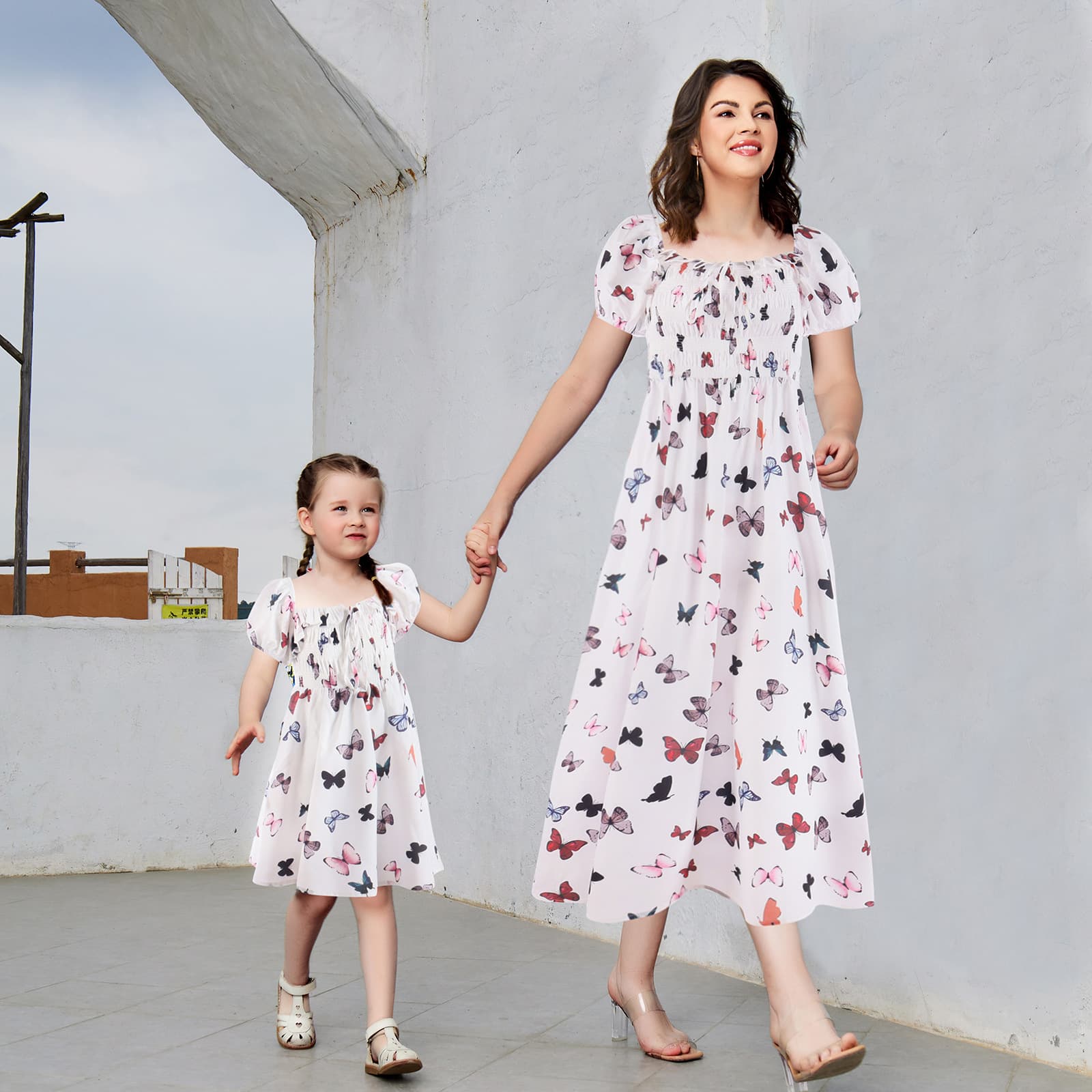 Cross-border Women's Butterfly Print Puff Sleeve Flowing Long Dress Girls Princess Dress Party Birthday Mother-Daughter Matching Outfit