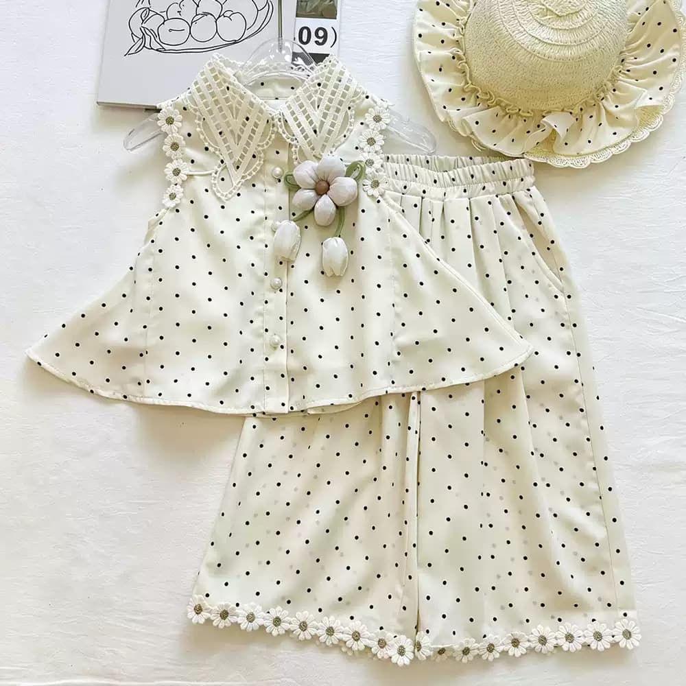 Girls daisy lace lapel polka dot sleeveless top suit summer 2026 new polka dot wide leg pants two-piece set