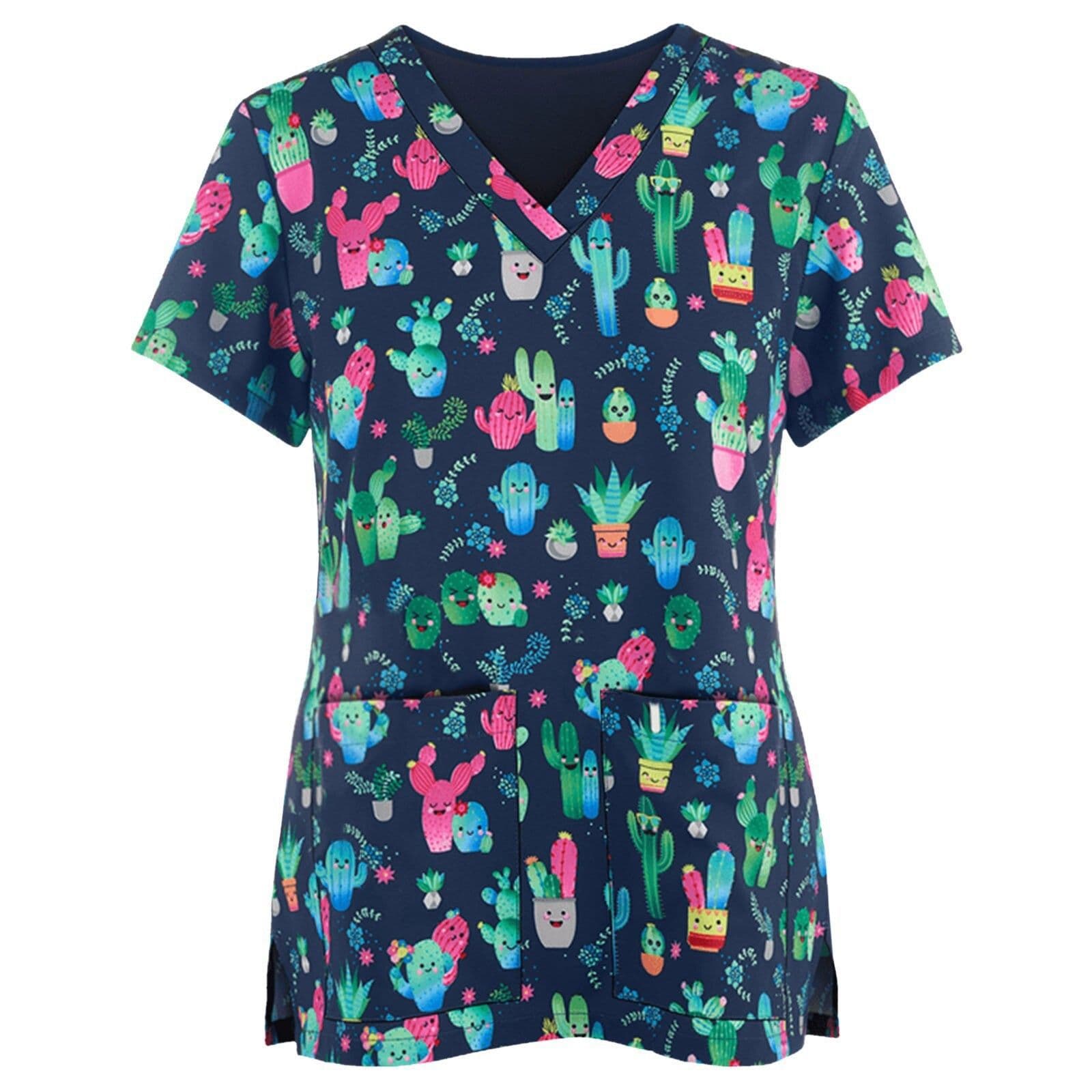 Christmas Women's Cartoon Caregiver Uniform Printed V-Neck Stretchy Nurse Scrubs Casual Short Sleeve with Patch Pocket Medical Uniform
