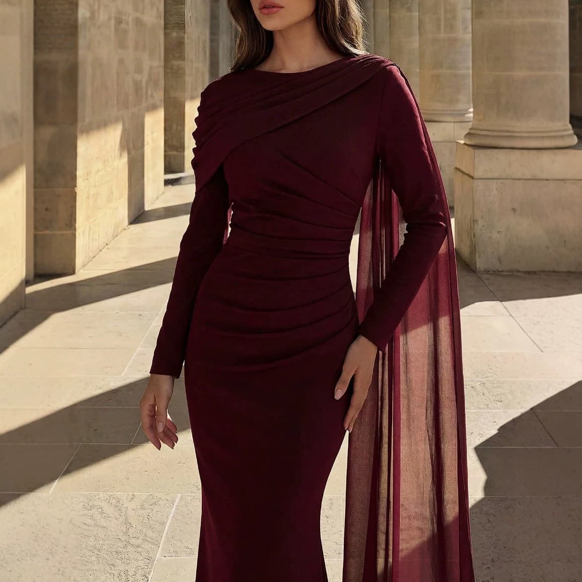 Cross-border Wine Red Long Sleeve Cape Long Bodycon Evening Dress Party Gown Slim Fit for Women