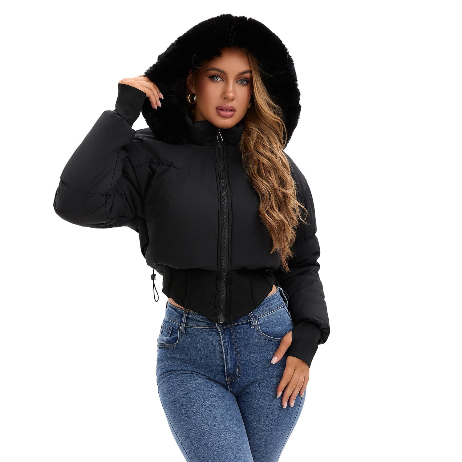 European and American Large Fur Collar Hooded Short Cotton Coat Women Autumn Winter New Thickened Warm Cotton Jacket Waist-Tailored Design Outerwear