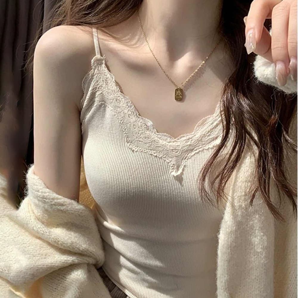 Summer Lace Trim Camisole Top with Built-in Pads, Slimming and Backless Short Base Layer