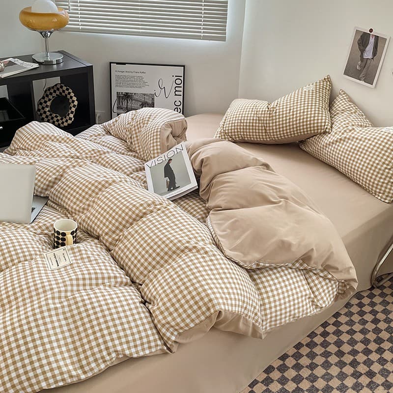 Japanese Muji-Style Skin-Friendly Washed Cotton 4-Piece Bedding Set, Dormitory 3-Piece Set, Bed Sheet, Duvet Cover, Fitted Sheet