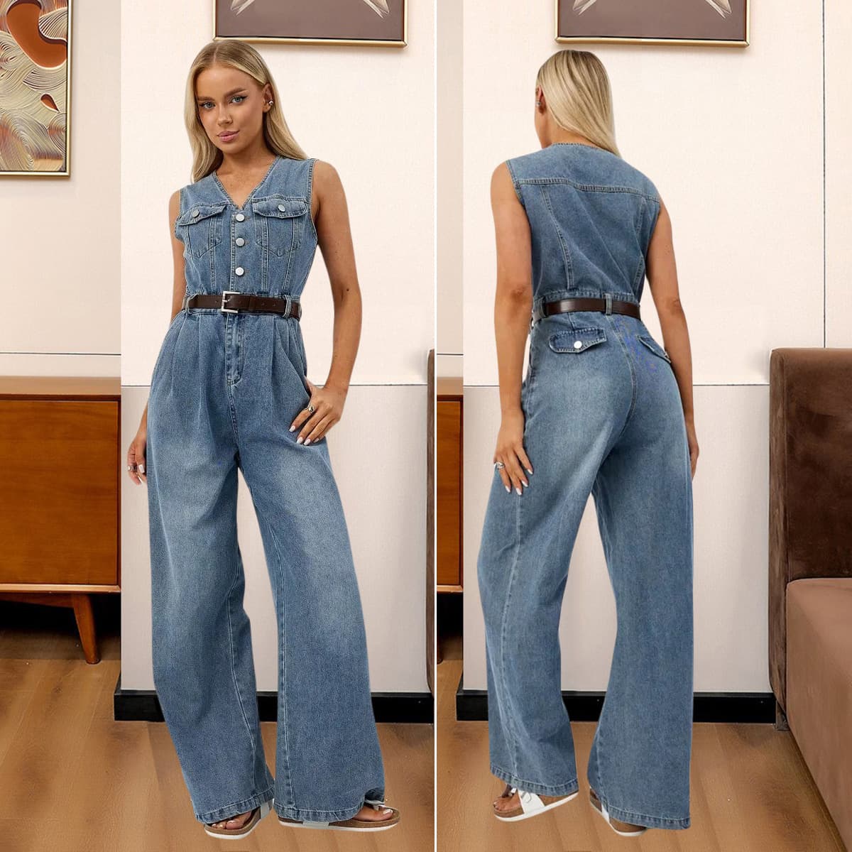 8613 Cross-Border Supply Foreign Trade European and American Slim Fit Stretch Washed Denim Jumpsuit Wide-Leg Pants