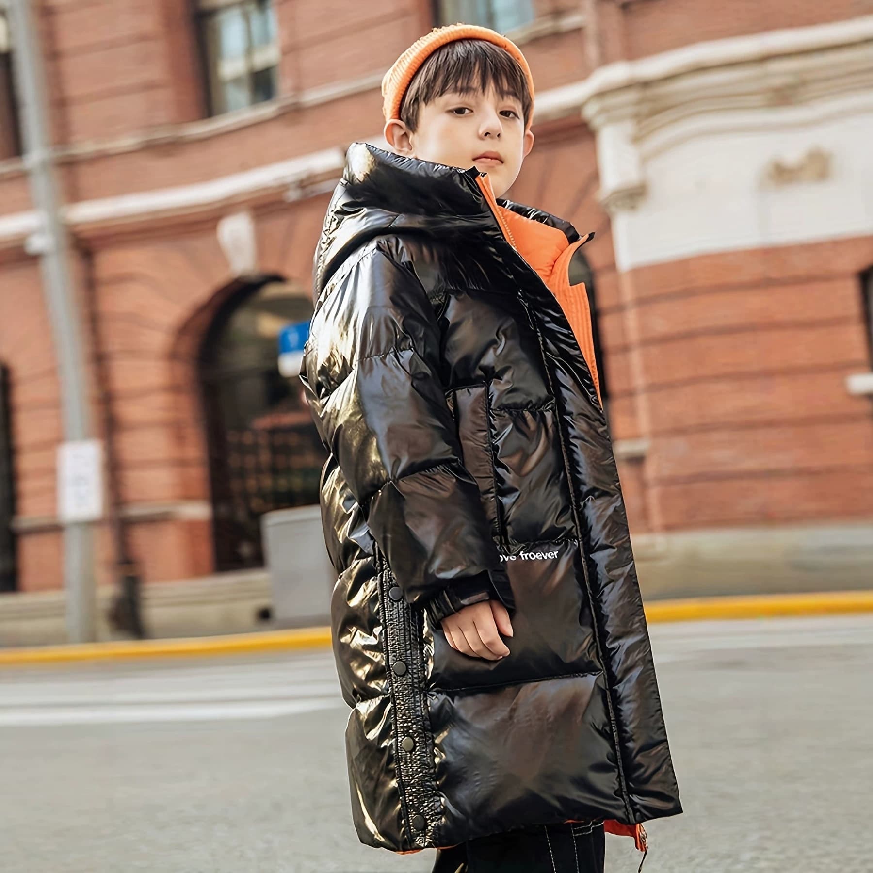 Cross-border Supply Boys Winter Kids Shiny Cotton Coat Thick Warm Contrast Color Lining Fleece Padded Jacket for Middle and Older Children