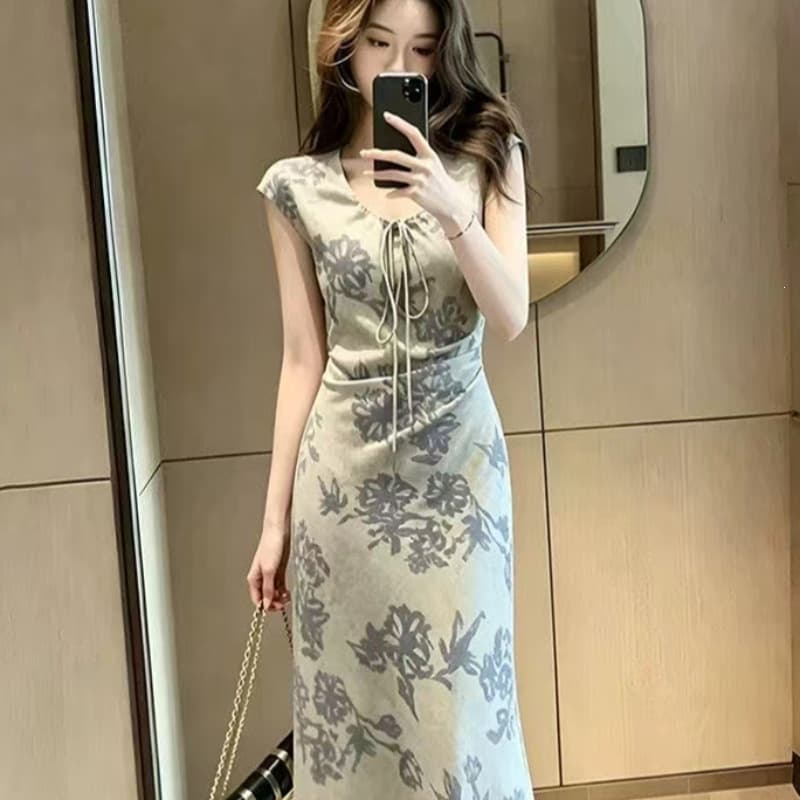 Premium Print Tie-Front Short-Sleeve Dress for Women 2026 New Summer Fitted Design Bodycon Maxi Dress