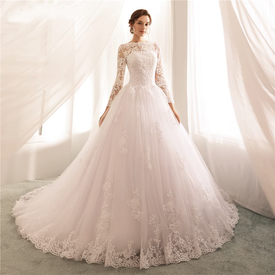 Foreign Trade Long-Sleeve Round-Neck European and American Wedding Dress 2026 Summer New Large Size Fashion Retro Puffy Bridal Gown with Train
