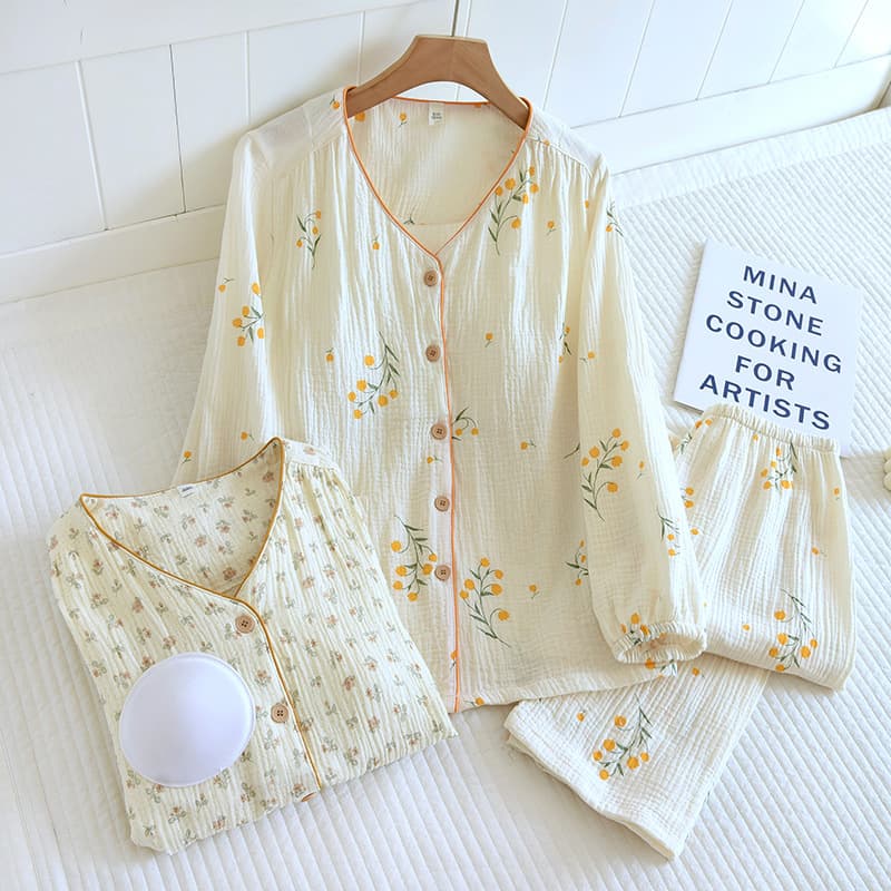 Women's Long-Sleeve Crepe Cotton Plus Size Pajama Set for Spring/Autumn, Summer Cotton Gauze Homewear, Bra-Free Set