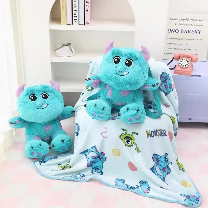 Cartoon Blue Monster Plush Toy Doll Backpack Shoulder Bag Plush Blanket 2-in-1 Bed Sheet Pillowcase