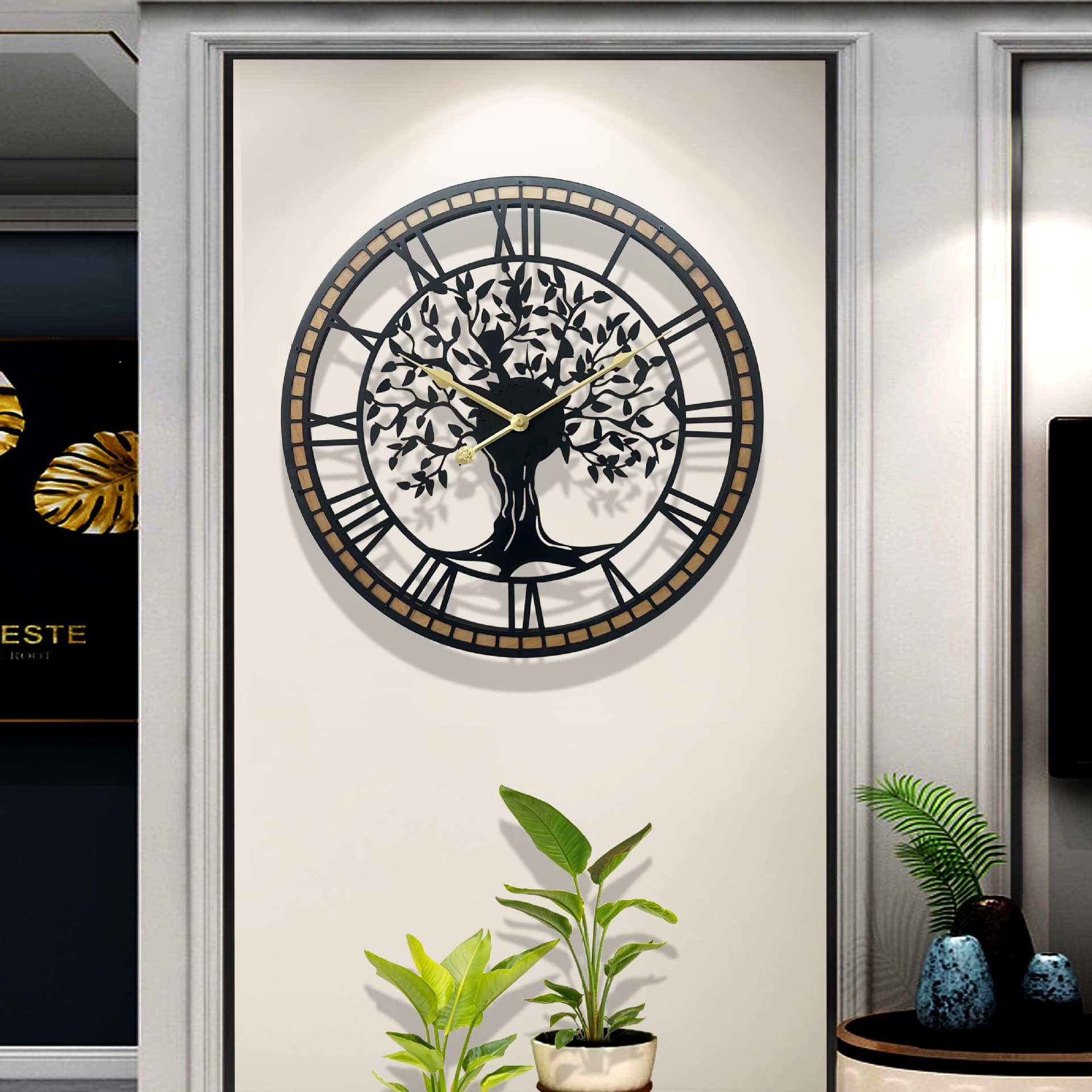 Wall Decor Clock Iron Accessible Luxury Round Wall Clock Black Clock Silent Decorative Living Room Clock