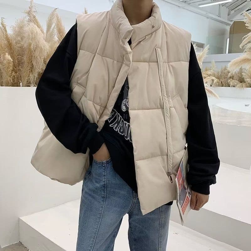 Autumn/Winter Stand Collar Cotton Vest Unisex Hong Kong Style Ins Loose Trendy Couple Outerwear Cotton Padded Sleeveless Jacket