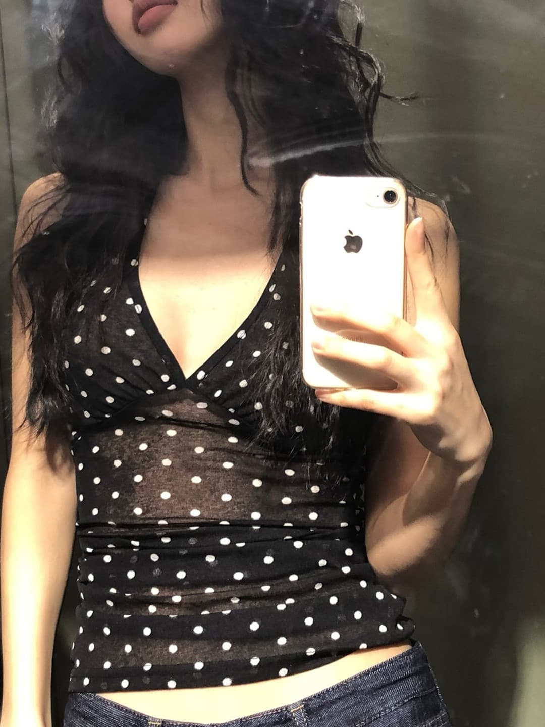 Pure Desire Polka Dot Print V-Neck Halter Top Summer Women's Slim Fit Short See-Through Versatile Blouse