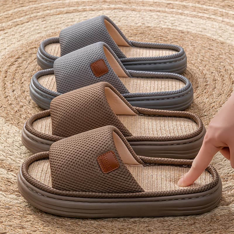 Summer Home Linen Slippers for Men, Large Size, Indoor Floor Thick-Soled, Oversized, Loose-Fitting, All-Season Slippers, Men's Cotton and Linen