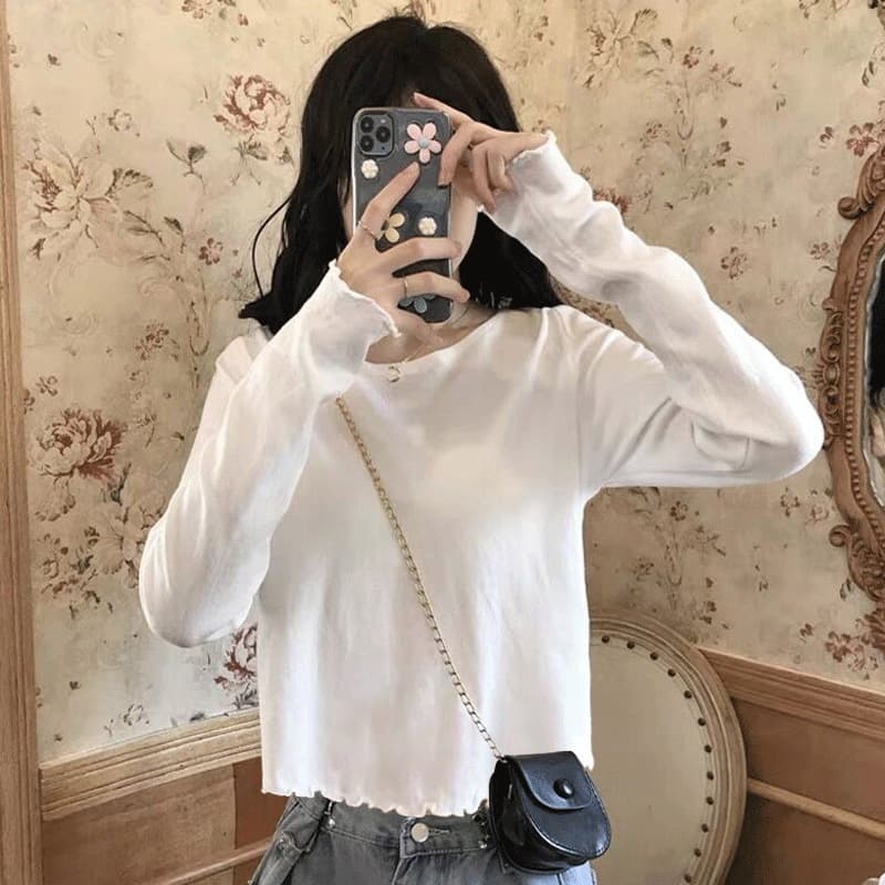 White fungus solid color bottoming shirt for women spring and autumn new Korean version ins style slim basic inner long-sleeved top