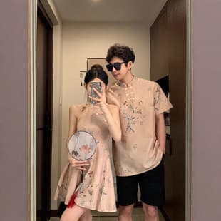 National Trend Couple Outfit Summer New Style Ancient Style Necklace Improved Disc Button Dress Floral Trendy Short Sleeve Shirt
