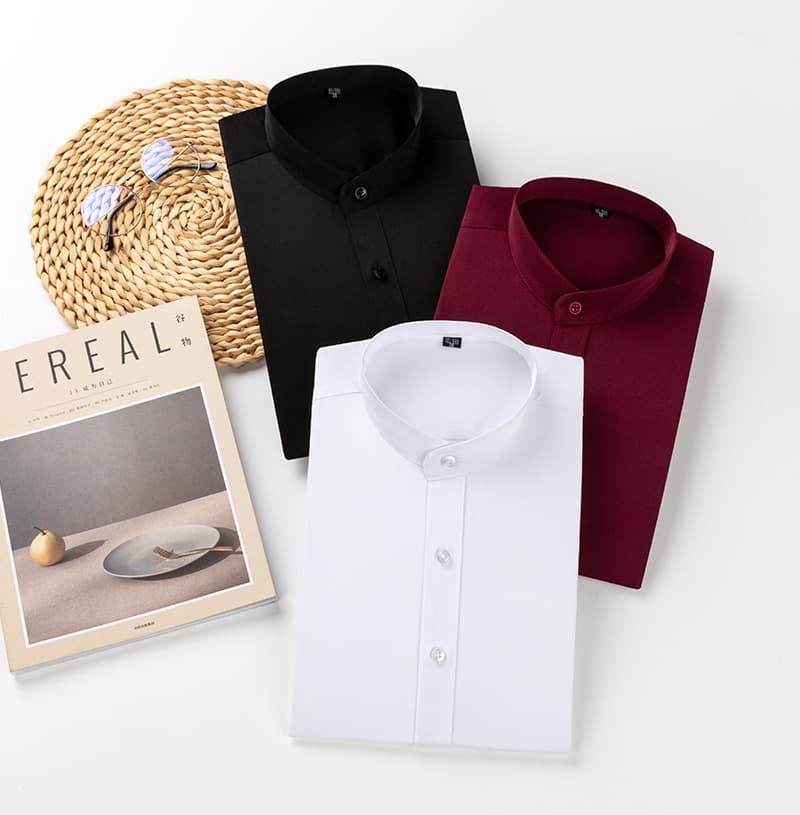 Spring and autumn stand-up collar shirt men's long-sleeved business casual solid color burgundy shirt slim Chinese style business commuting