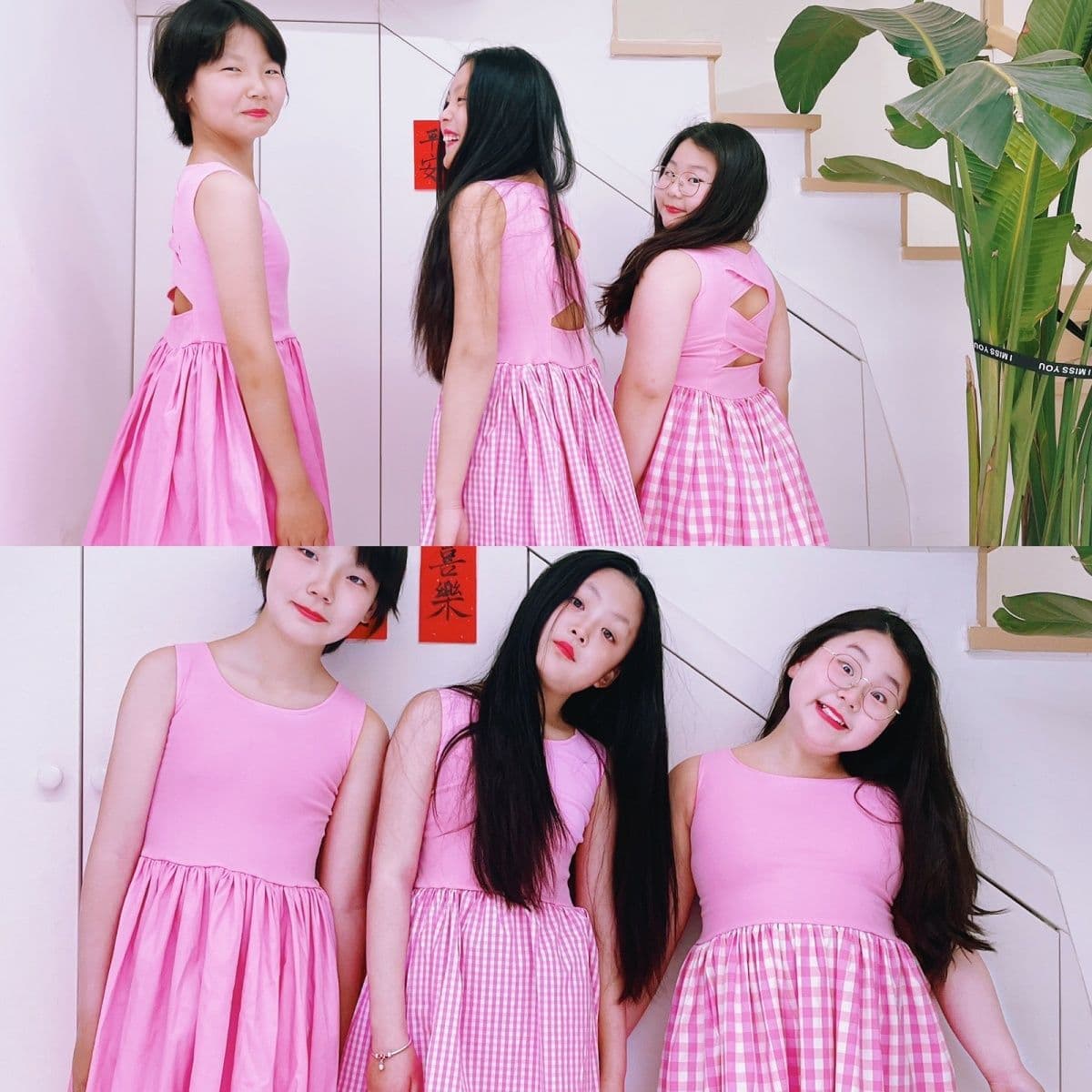 Trendy Korean Princess Style High-End Round Neck Pink Girls' Dress for Best Friends, Siblings, and Plus Size