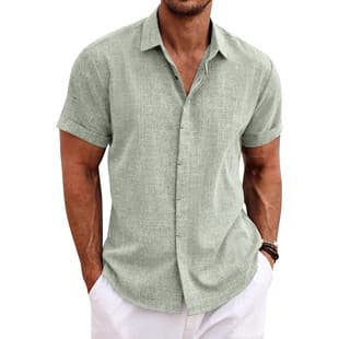 COOFANDY Men's Linen Shirt Short Sleeve Casual Shirt Button Down Shirt Men's Beach Summer Wedding Shirt