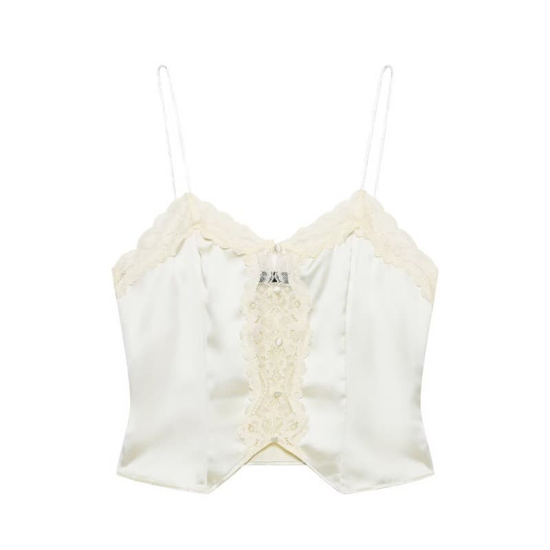 UNIZERA Women's 2026 Summer New Off-Shoulder V-neck Lace Decorated Short Camisole Top Women 4772046