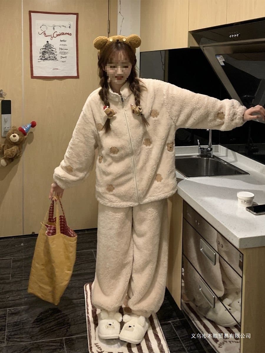 Plus Size Stand Collar Coral Fleece Pajamas Winter Women's Thickened and Lined Cute Bear 2024 New Autumn Winter Set