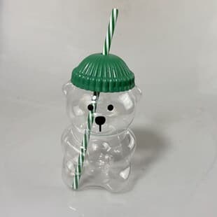 Bear Plastic Cartoon Straw Cup Milk Tea Cup Juice Cup Creative Coffee Cup Green Hat Bear Cup