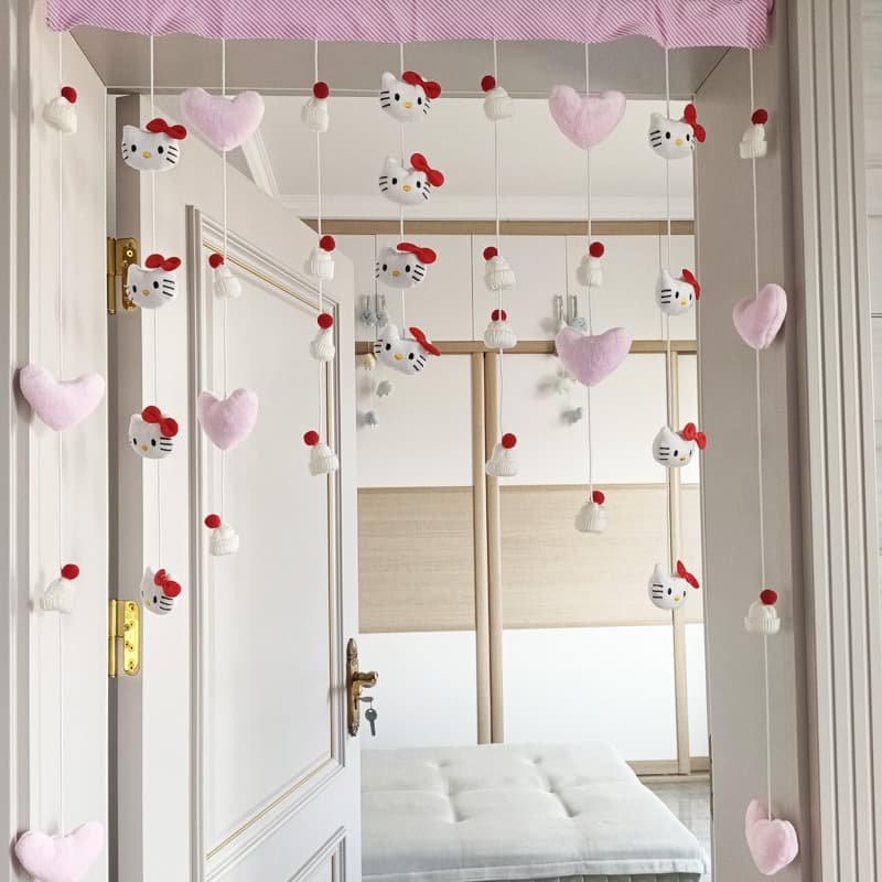 Lucky Red Cat Home Heart Door Curtain for Kids' Room Princess Room Hanging Curtain Decoration No-Drill Decorative Curtain