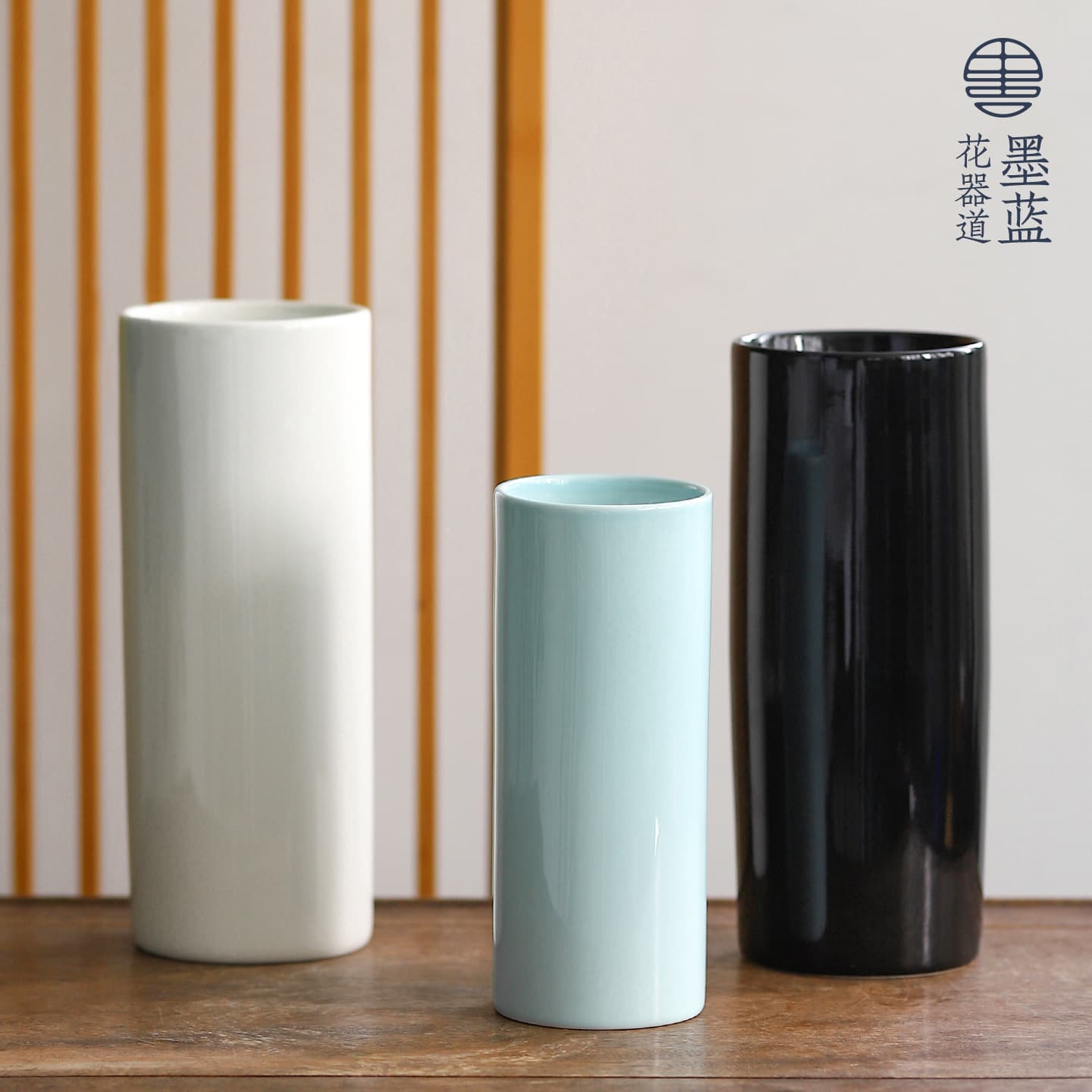 Ink Blue Floral Path Ceramic Straight Cylinder Solid Color Vase Chinese Style Flower Arrangement Vessel for Fresh and Dried Flowers Home Decoration