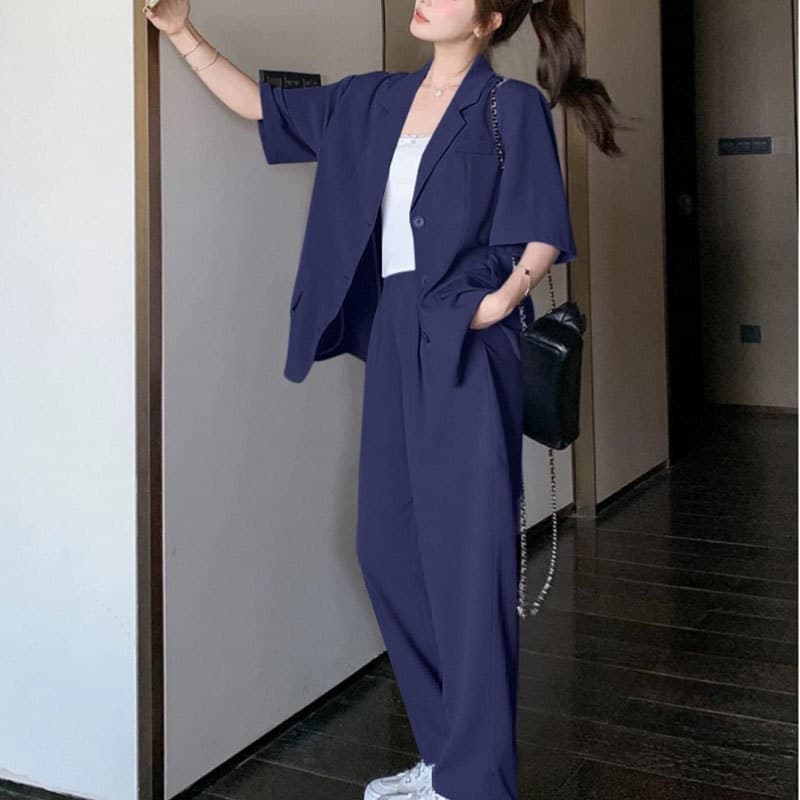 Spot 6682 large size fat mm fashionable Korean style suit jacket wide leg pants commuting two-piece suit 200 pounds