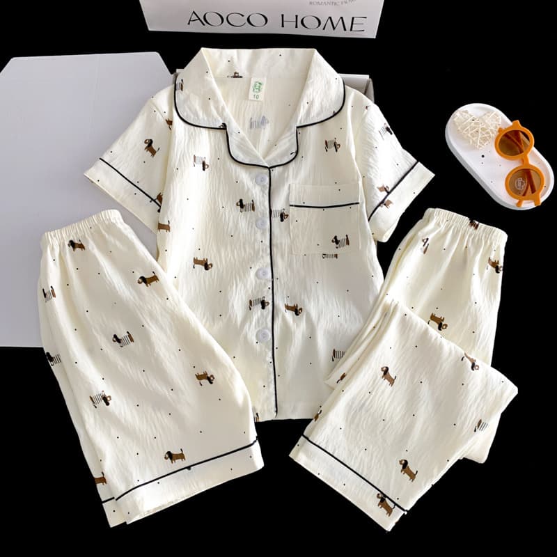 Summer Girls' Pajamas Short Sleeve Long Pants 3-Piece Set Baby Toddler Thin Shorts Kids Homewear
