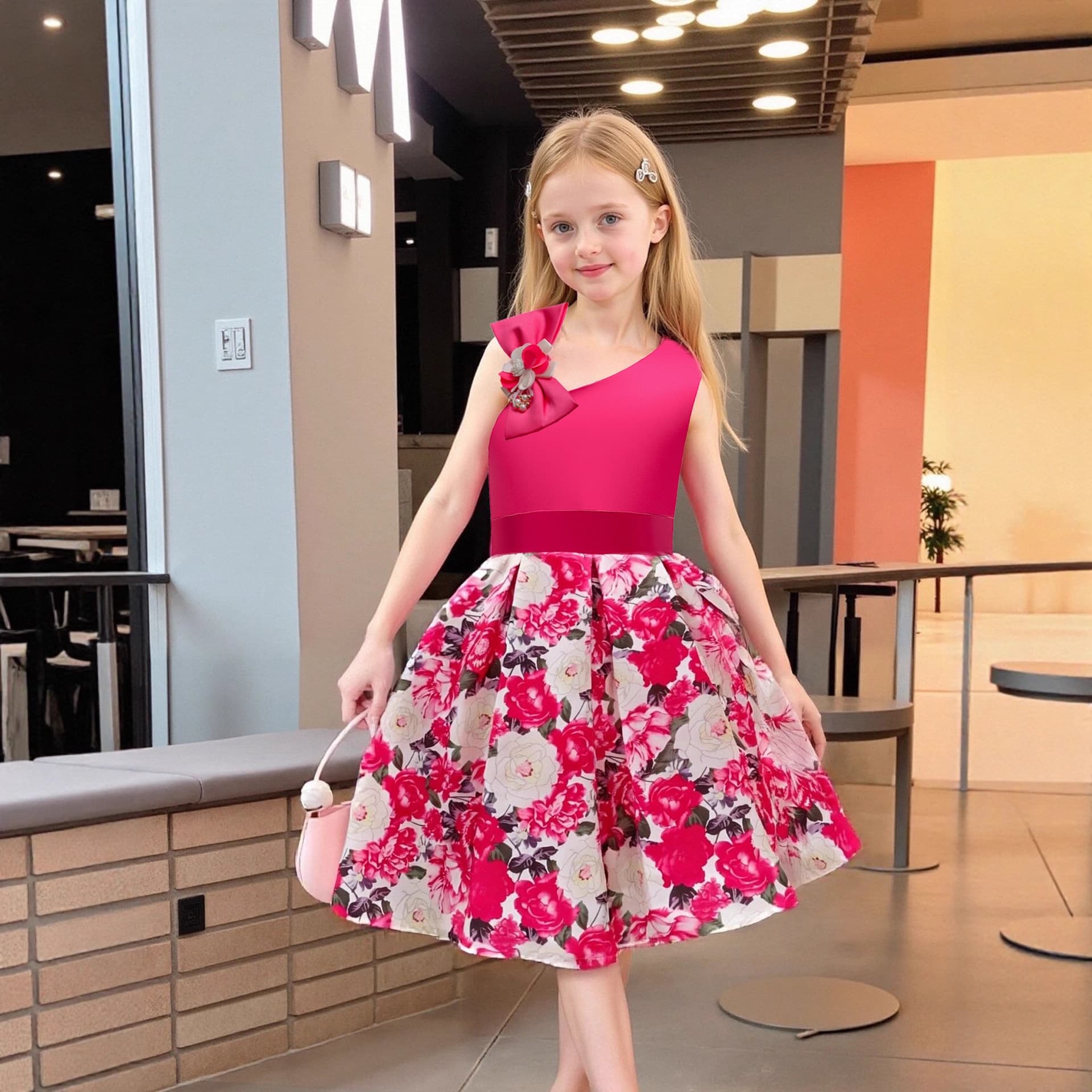 Cross-border girls' dress, performance costume, girl's printed vest dress, pleated children's bow princess dress K2