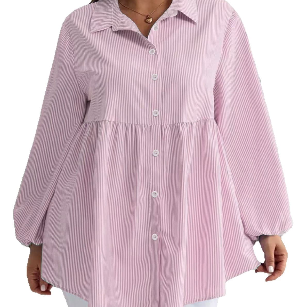 Cross-border Amazon 2025 Plus Size Women's Autumn Winter Striped Shirt Casual Loose Long Sleeve Turn-down Collar Blouse Top