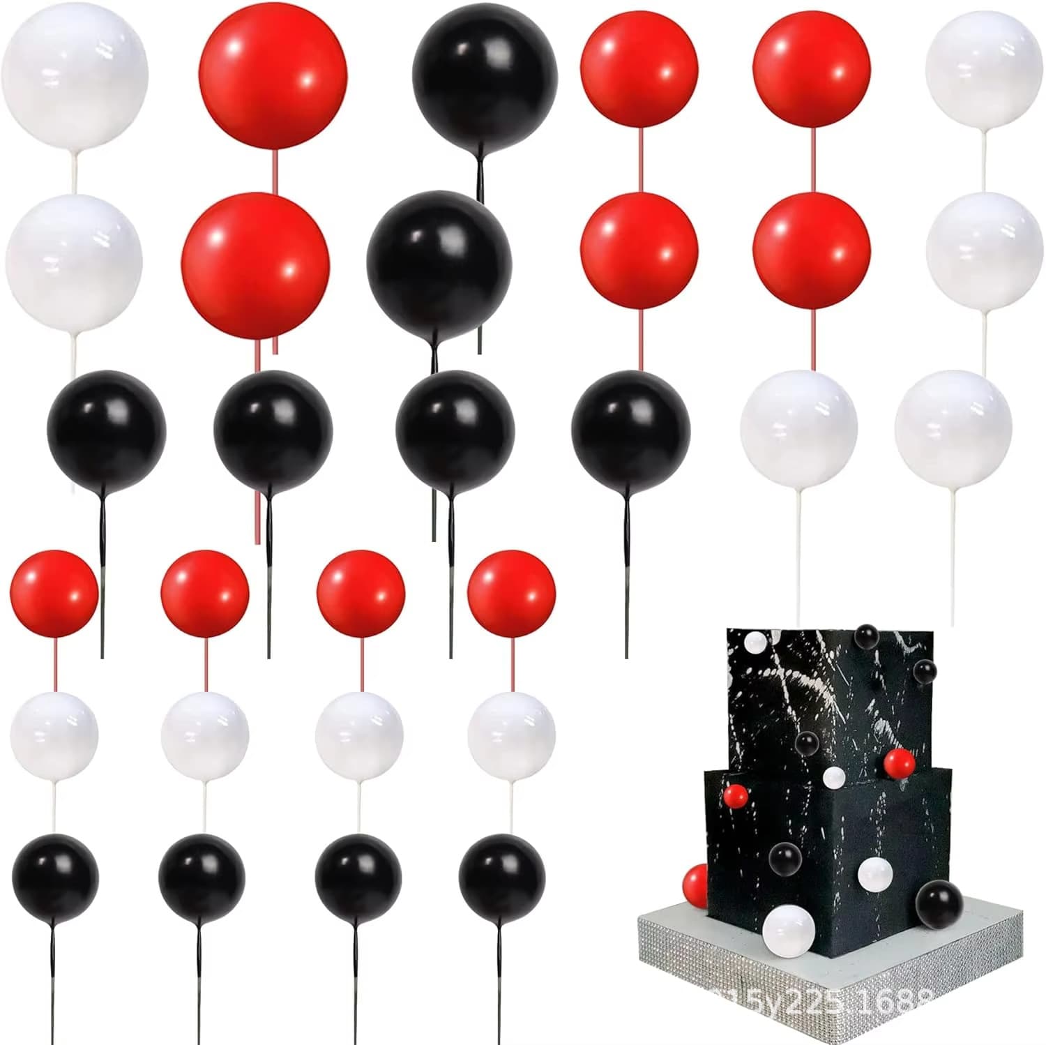 24 pieces red, black and white three-color DIY cake ball decoration set wedding birthday party cake decoration set