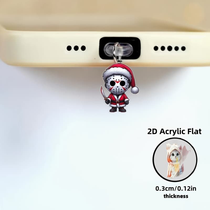 [2D Flat] 1pc Christmas Horror No-Face Pattern 2D Acrylic Phone Decorative Dust Plug, Compatible