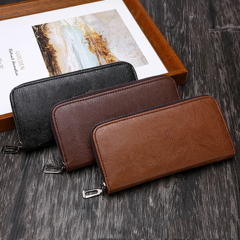 New Men's Business Zipper Multi-Function Long Wallet with Multiple Card Slots, Solid Color Coin Purse