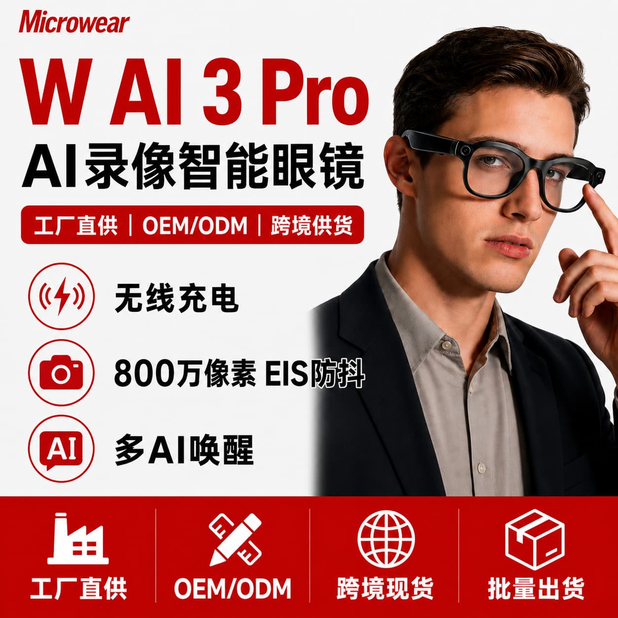 [8MP + 3 Lenses + Wireless Charging] AI Smart Glasses with Bluetooth Calling, Large Model Photo and Video Recording