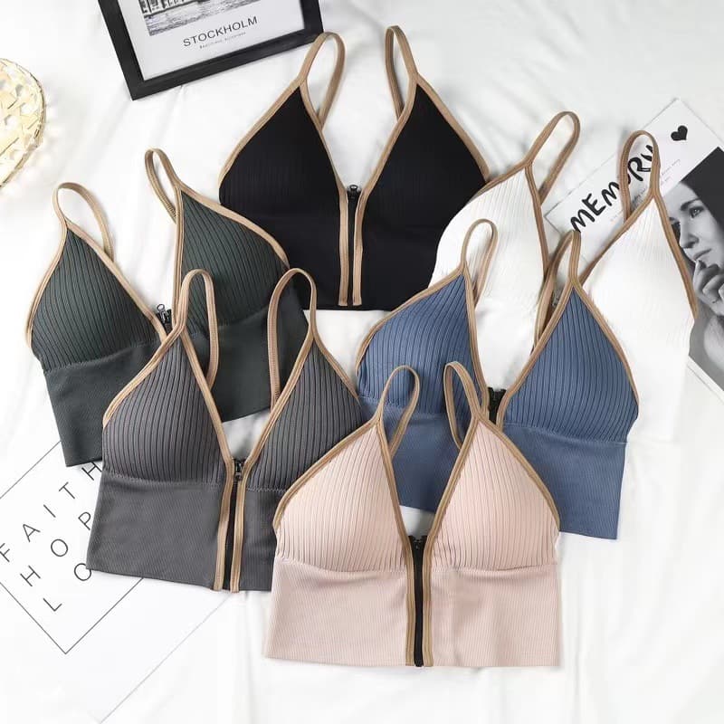 2023 New Morandi Color Deep V Front Zipper Sports Backless Camisole Seamless Wrap Bra with Padded Cups