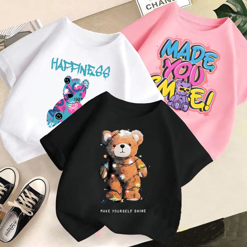 Wholesale Boys and Girls Summer Short Sleeve T-Shirts New Season Bear Print Girls Top Cross-Border Kids Fashion