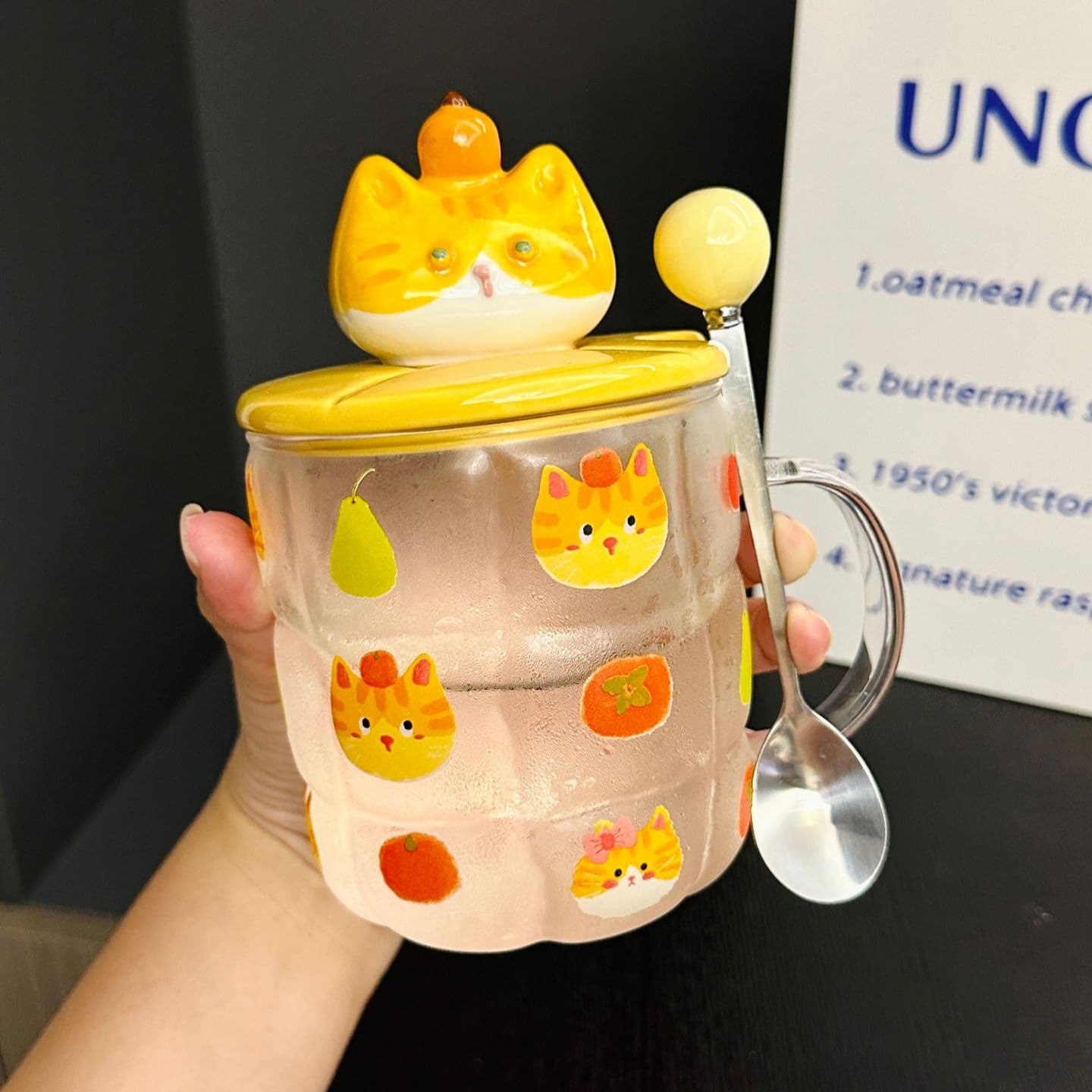 Cartoon fruit cat high borosilicate glass cup with lid spoon cute household mug high temperature resistant water cup souvenir