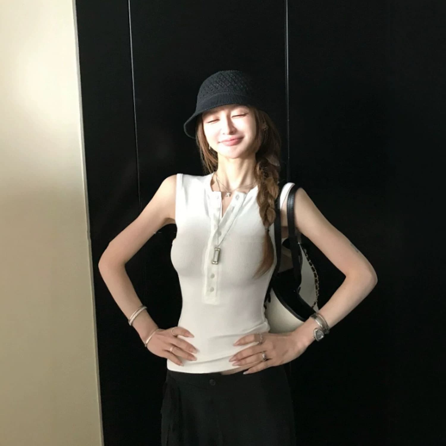 Henley Neck Navy Blue Sleeveless Tank Top for Women, Summer Fitted and Slimming Short Style, Solid Color Versatile Top